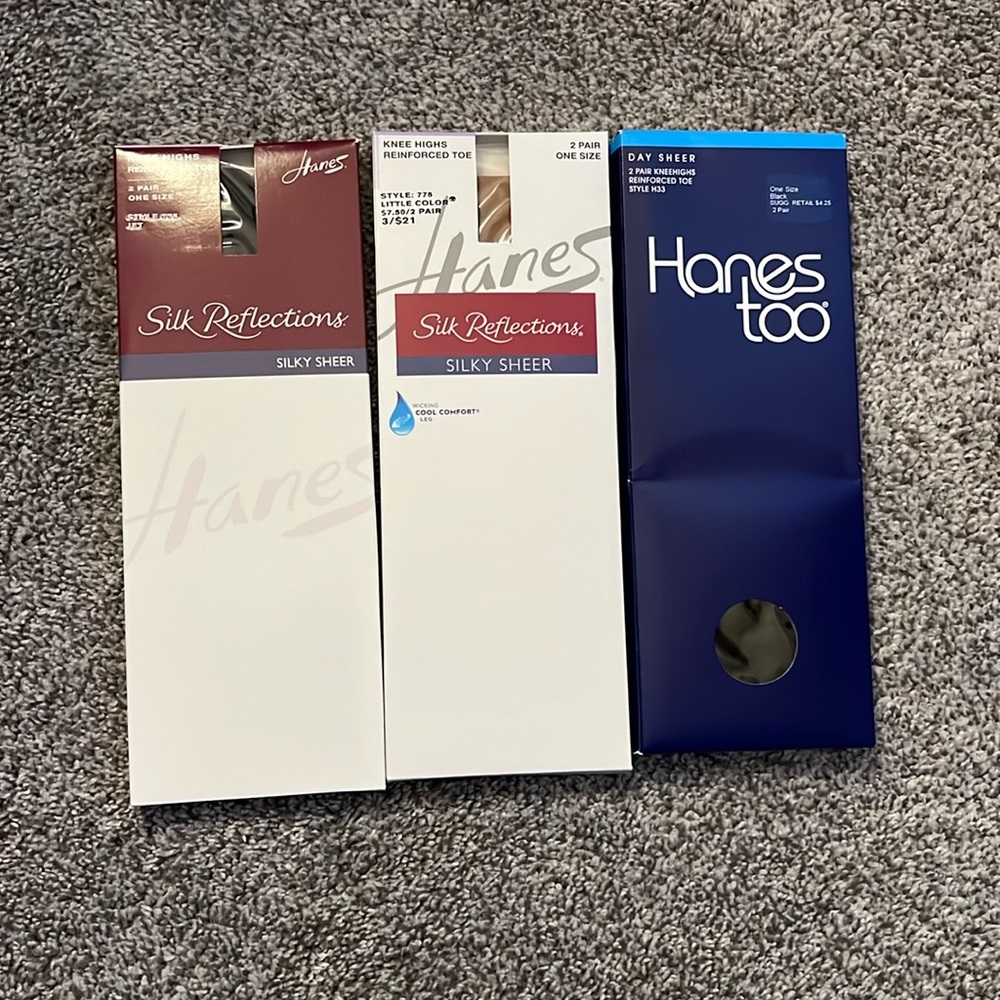 3 unopened packages of Hanes Knee High stockings. 2 pair per package.See details